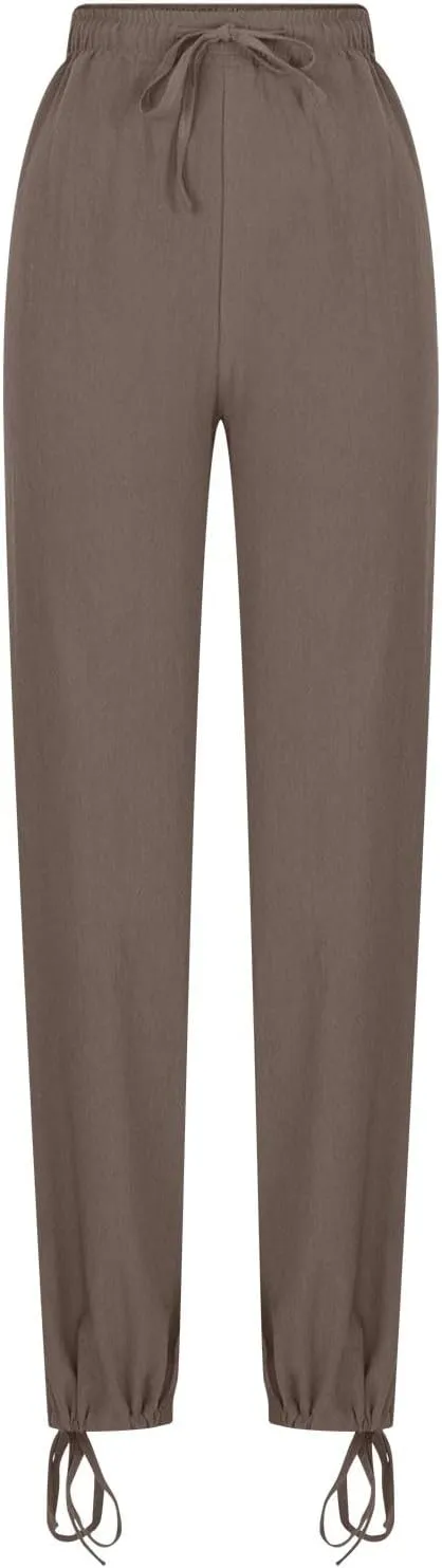 Cotton Linen Palazzo Pants for Women Dressy Casual Wide Leg Trousers Casual Elastic High Waisted Slacks with Pockets