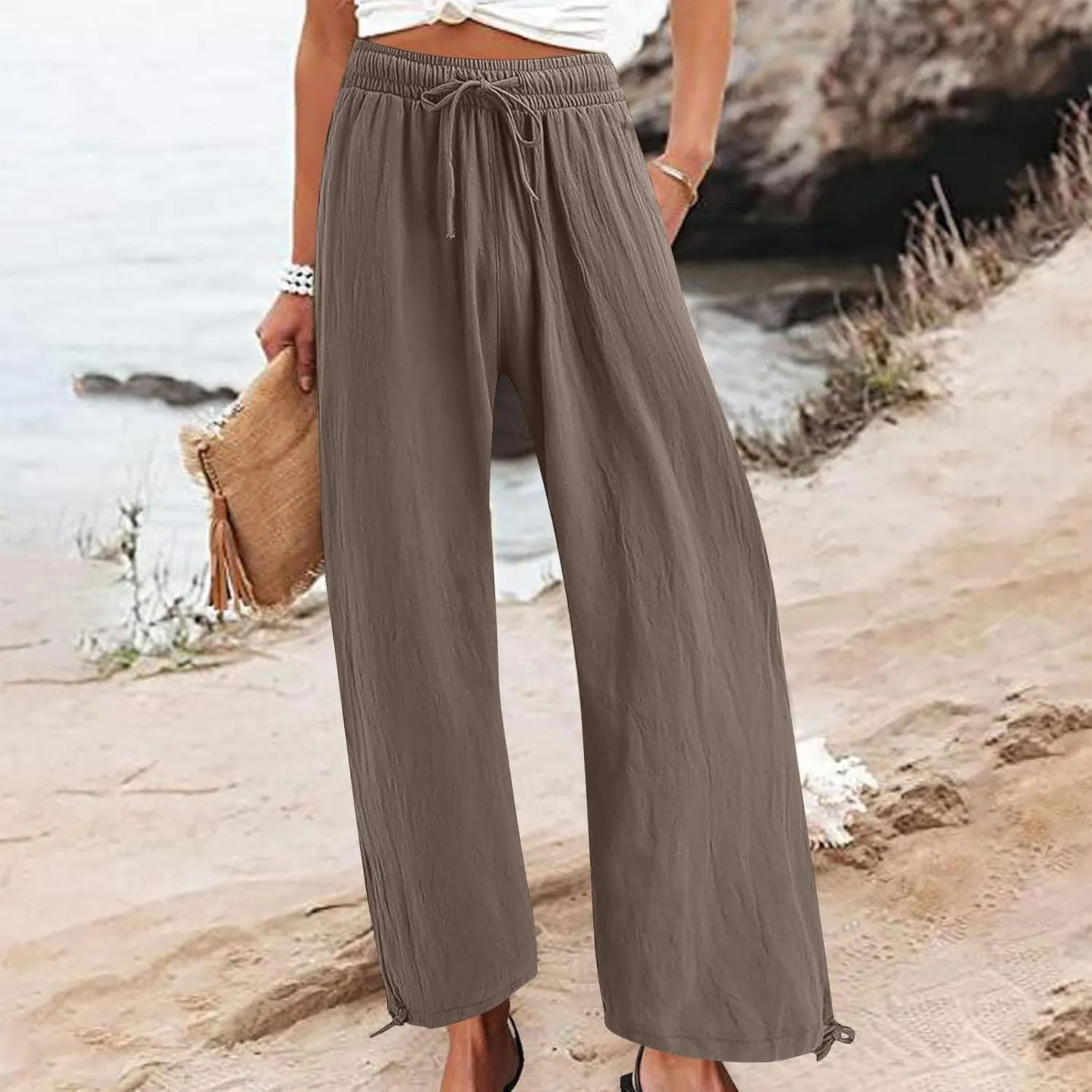 Cotton Linen Palazzo Pants for Women Dressy Casual Wide Leg Trousers Casual Elastic High Waisted Slacks with Pockets