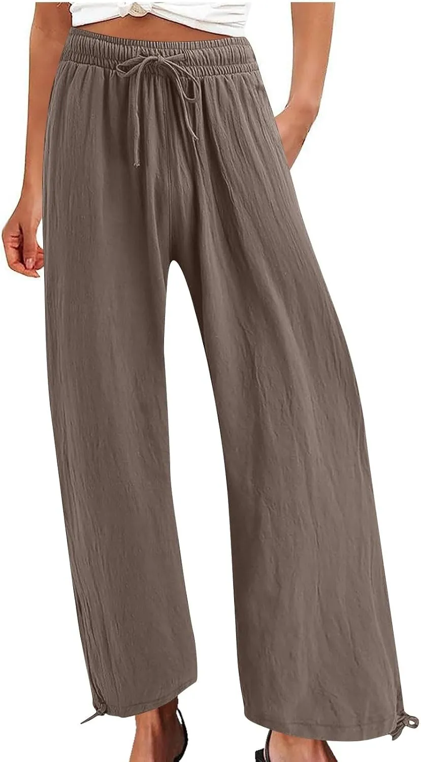 Cotton Linen Palazzo Pants for Women Dressy Casual Wide Leg Trousers Casual Elastic High Waisted Slacks with Pockets