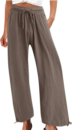 Cotton Linen Palazzo Pants for Women Dressy Casual Wide Leg Trousers Casual Elastic High Waisted Slacks with Pockets