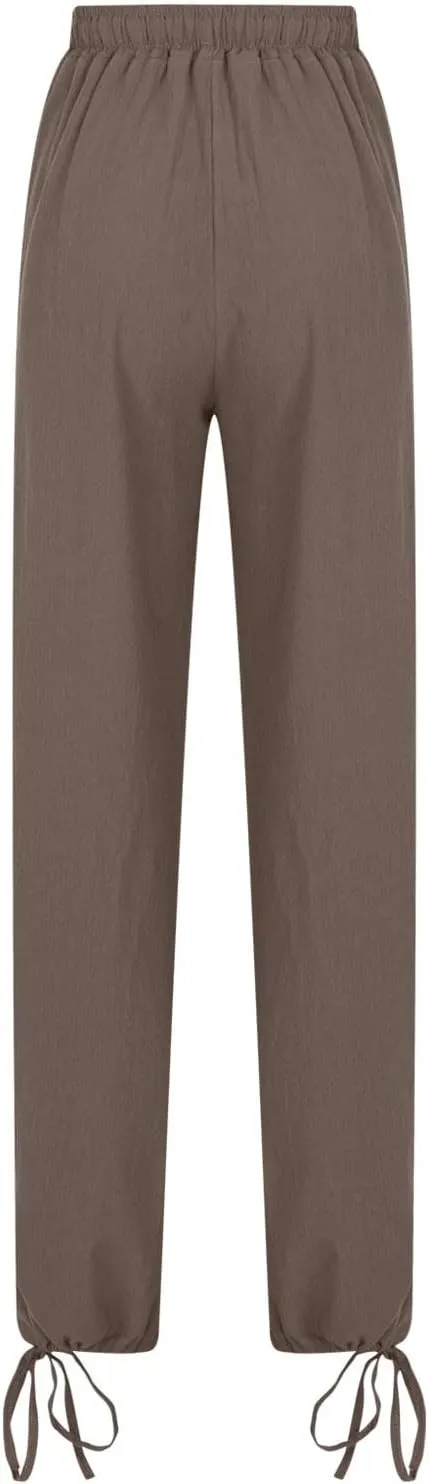 Cotton Linen Palazzo Pants for Women Dressy Casual Wide Leg Trousers Casual Elastic High Waisted Slacks with Pockets