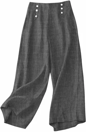 Cotton Linen Pant for Women Summer Casual Wide Leg High Waisted Trouser Drawstring Elastic Waist Pants with Pockets