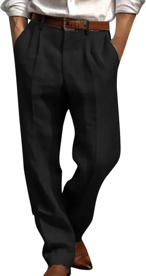 Cotton Linen Pants for Men Pleated Front Trouser Straight Leg Suit Trousers Solid Color Office Trouser Linen Pant