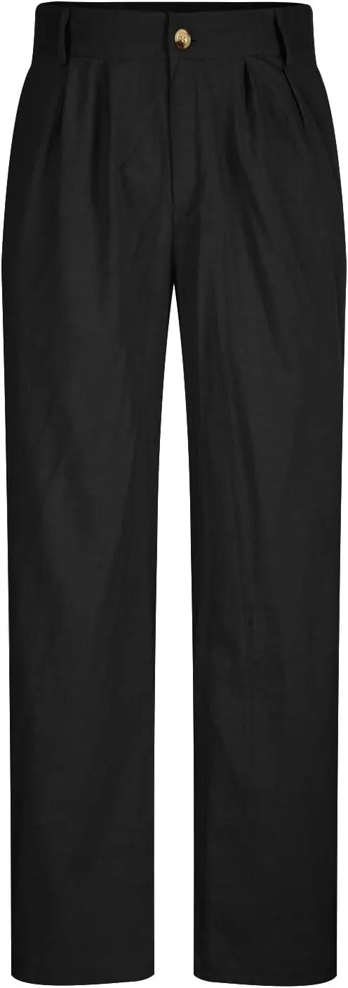 Cotton Linen Pants for Men Pleated Front Trouser Straight Leg Suit Trousers Solid Color Office Trouser Linen Pant