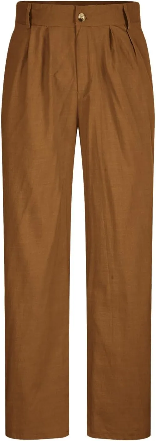 Cotton Linen Pants for Men Pleated Front Trouser Straight Leg Suit Trousers Solid Color Office Trouser Linen Pant