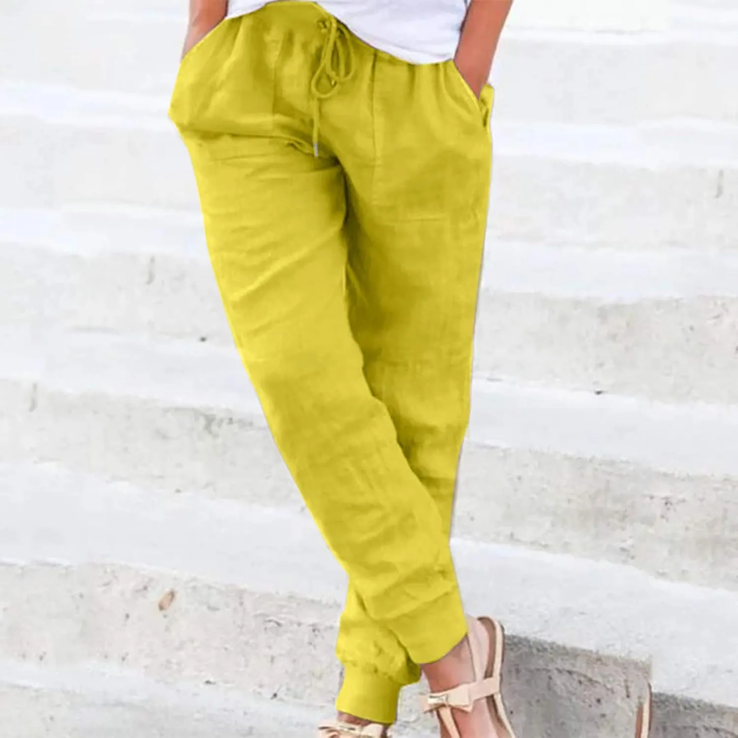 Cotton Linen Pants For Women 2024 Summer Pants 2024 Linen Pants Drawstring Waisted Pull On Boho Trendy Trousers