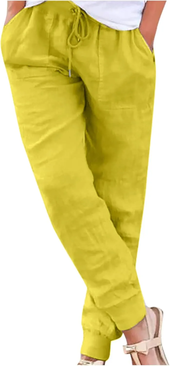 Cotton Linen Pants For Women 2024 Summer Pants 2024 Linen Pants Drawstring Waisted Pull On Boho Trendy Trousers