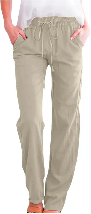 Cotton Linen Pants for Women Drawstring Lightweight Pants Plus Size Wide Leg Sweatpants Summer Elastic Waist Trousers