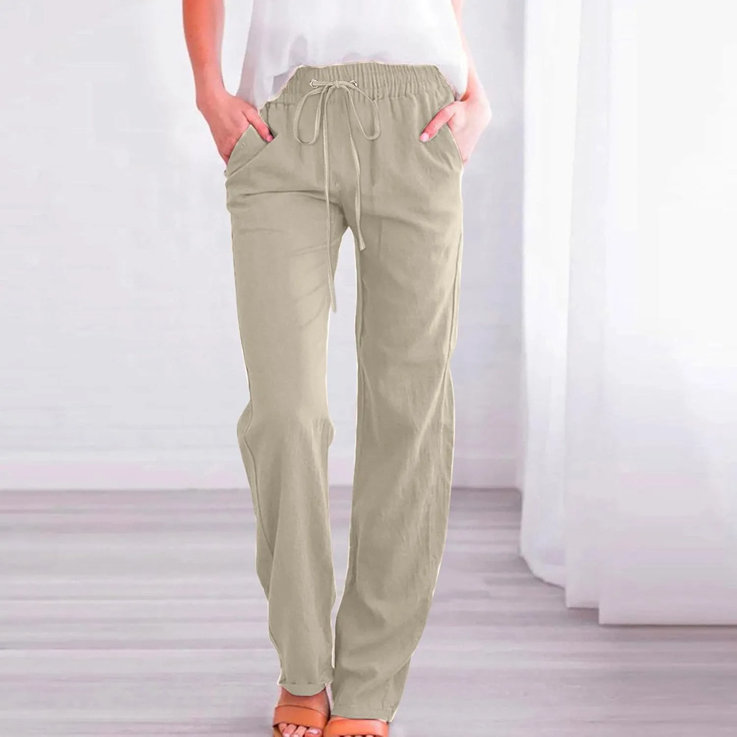 Cotton Linen Pants for Women Drawstring Lightweight Pants Plus Size Wide Leg Sweatpants Summer Elastic Waist Trousers