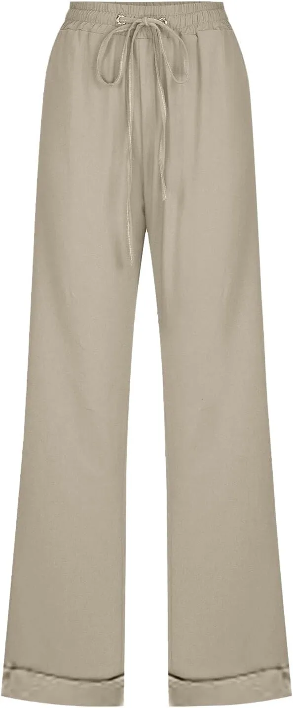 Cotton Linen Pants for Women Drawstring Lightweight Pants Plus Size Wide Leg Sweatpants Summer Elastic Waist Trousers