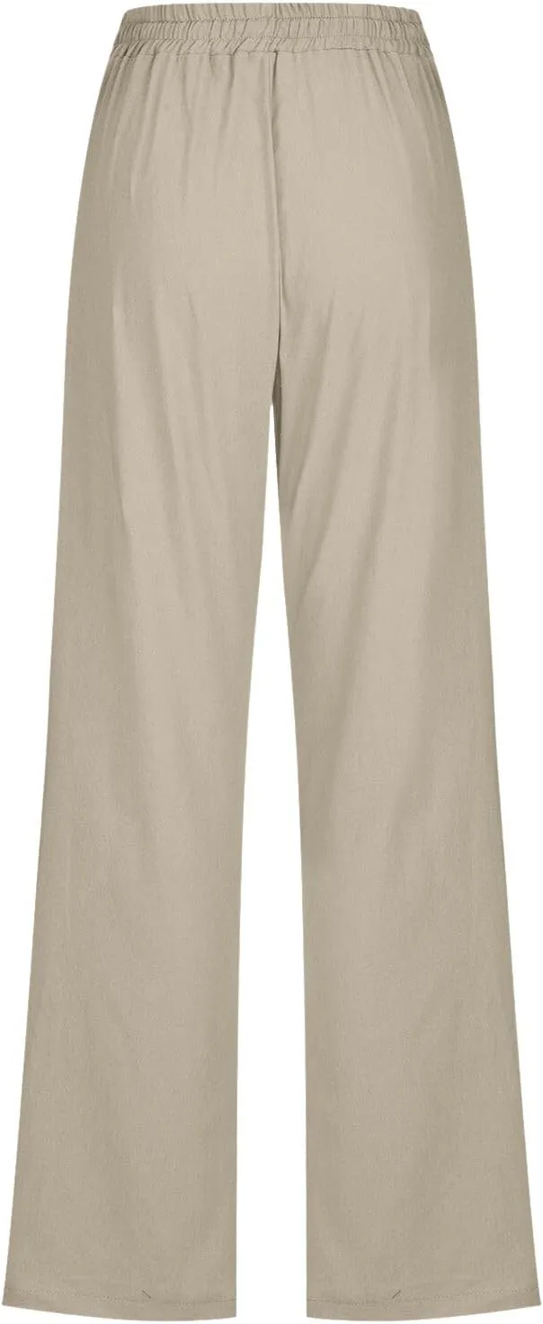 Cotton Linen Pants for Women Drawstring Lightweight Pants Plus Size Wide Leg Sweatpants Summer Elastic Waist Trousers
