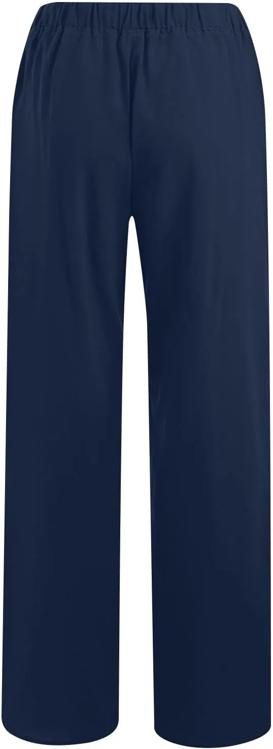 Cotton Linen Pants for Women Summer Loose Straight Leg Drawstring Trousers Casual Elastic Waist Long Pant with Pocket