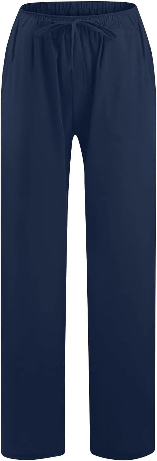 Cotton Linen Pants for Women Summer Loose Straight Leg Drawstring Trousers Casual Elastic Waist Long Pant with Pocket