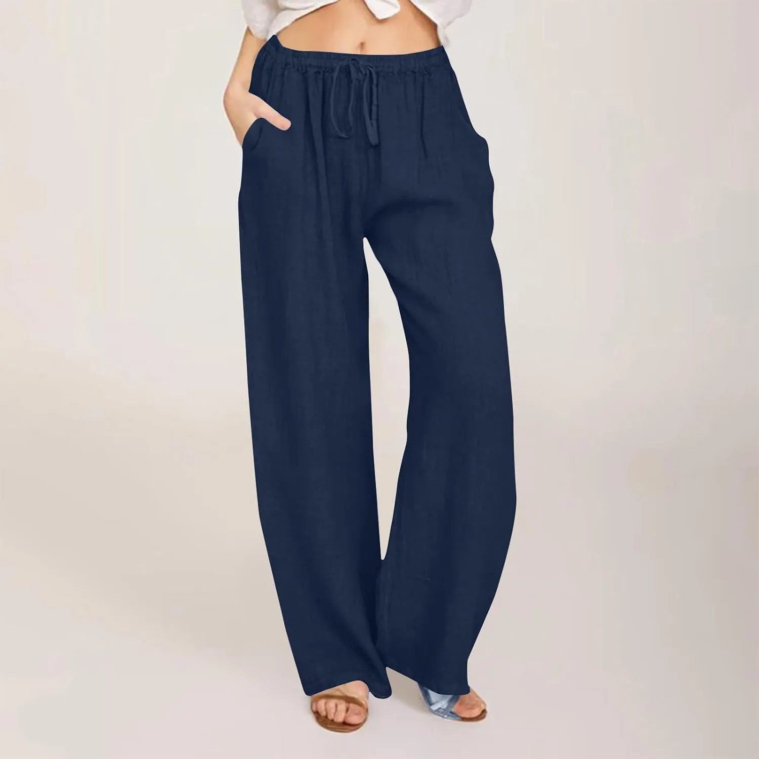 Cotton Linen Pants for Women Summer Loose Straight Leg Drawstring Trousers Casual Elastic Waist Long Pant with Pocket