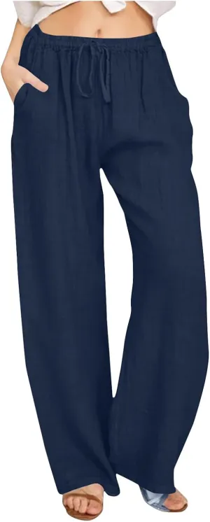 Cotton Linen Pants for Women Summer Loose Straight Leg Drawstring Trousers Casual Elastic Waist Long Pant with Pocket