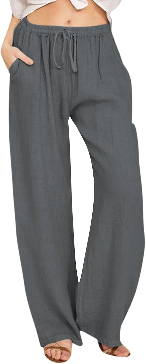 Cotton Linen Pants Women 2025 Summer Casual Loose Wide Leg Pants Drawstring High Waisted Palzzo Pants Beach Trousers