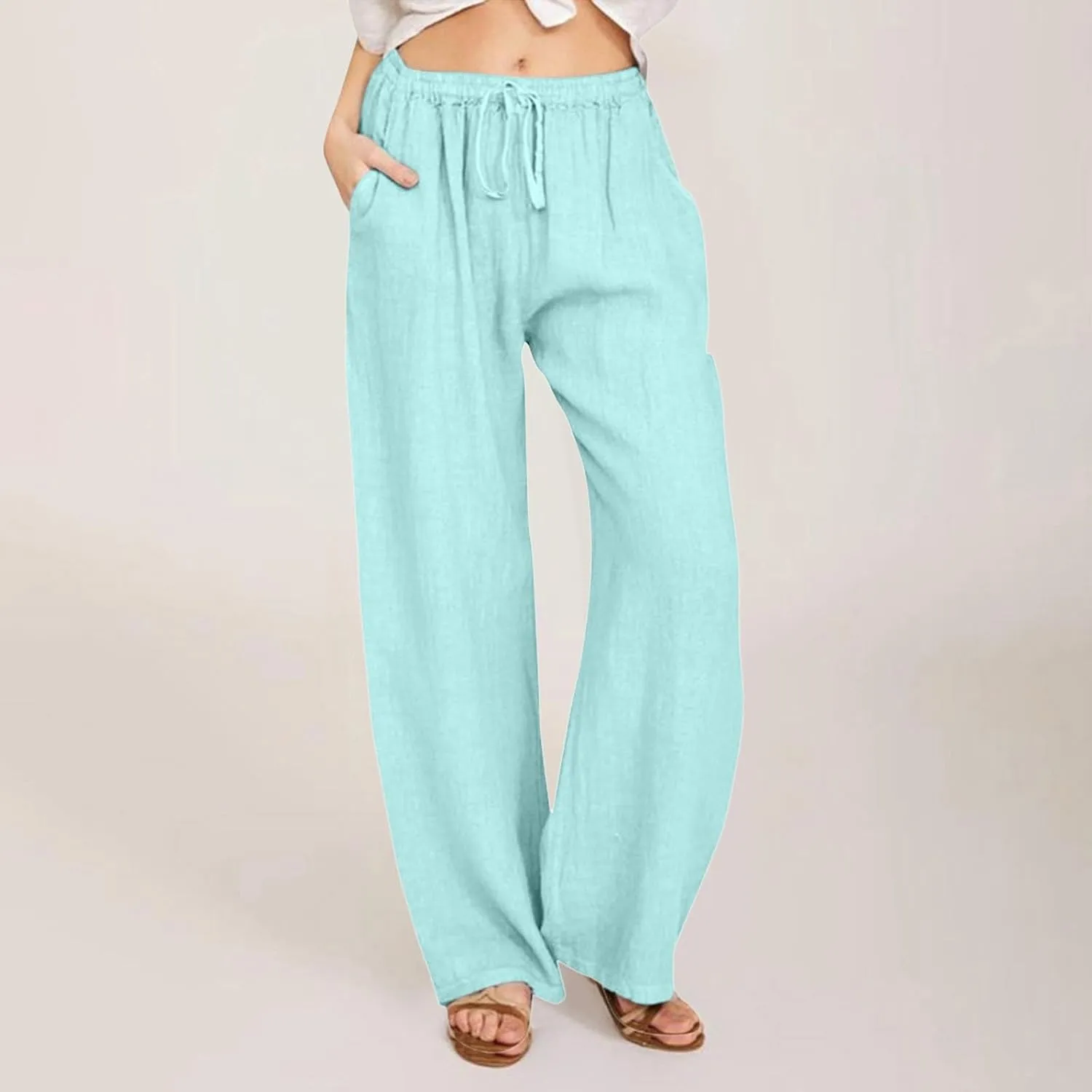 Cotton Linen Pants Women Straight Leg Summer Casual Loose Drawstring High Waist Palazzo Lounge Trouser with Pockets
