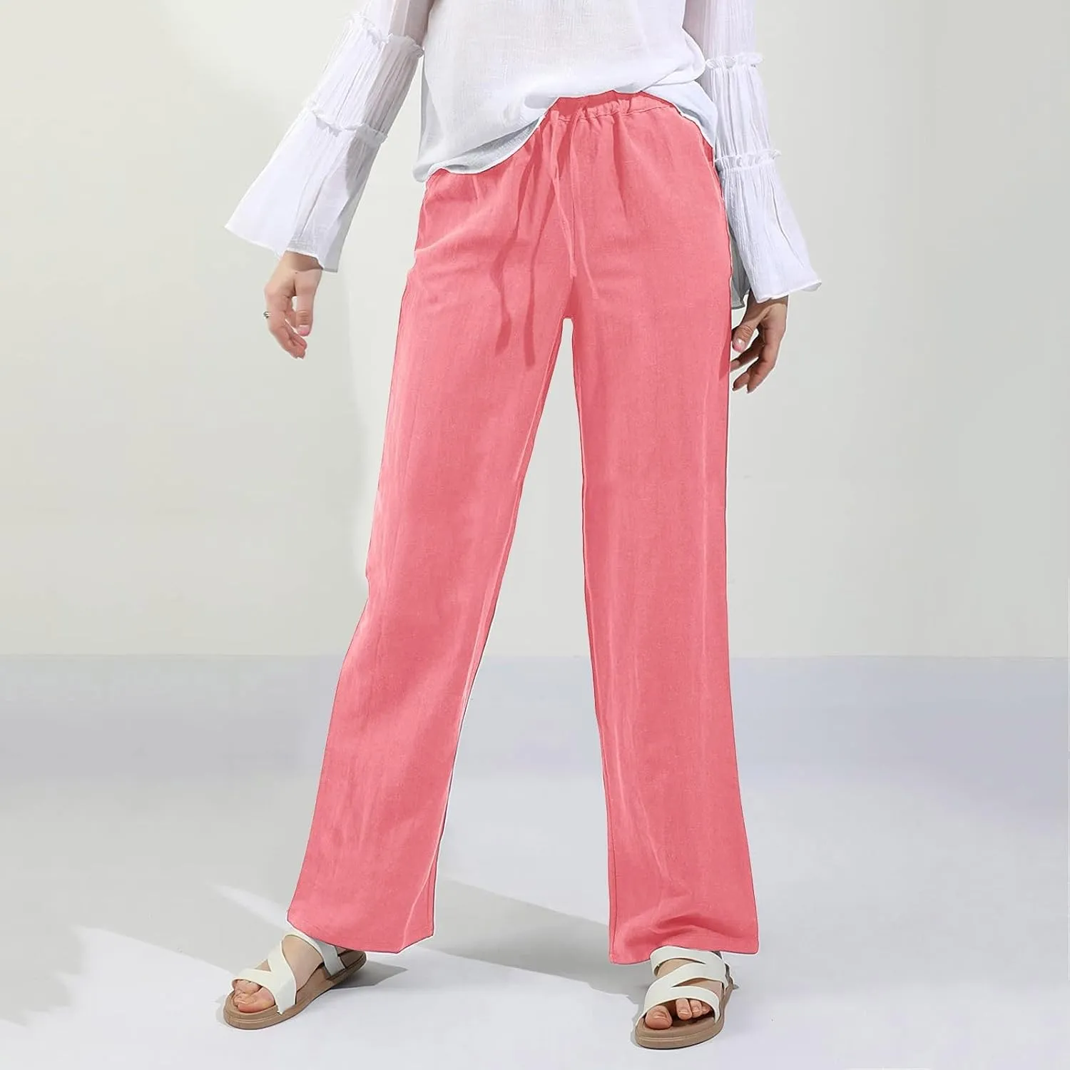 Cotton Linen Pants Women Straight Leg Summer Casual Loose Drawstring High Waist Palazzo Lounge Trouser with Pockets