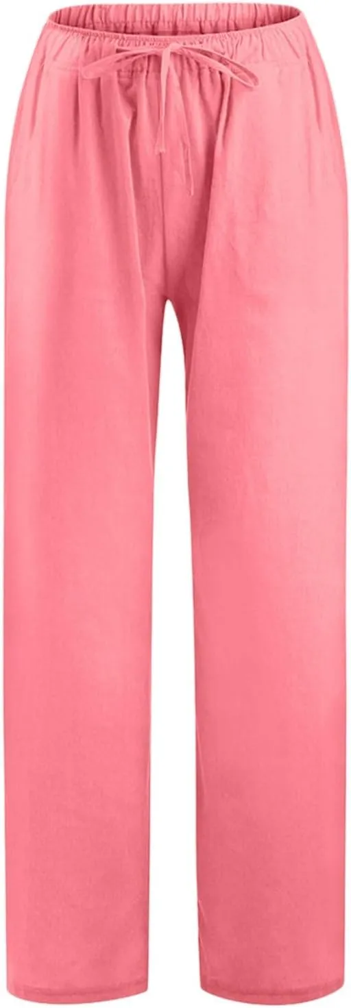 Cotton Linen Pants Women Straight Leg Summer Casual Loose Drawstring High Waist Palazzo Lounge Trouser with Pockets