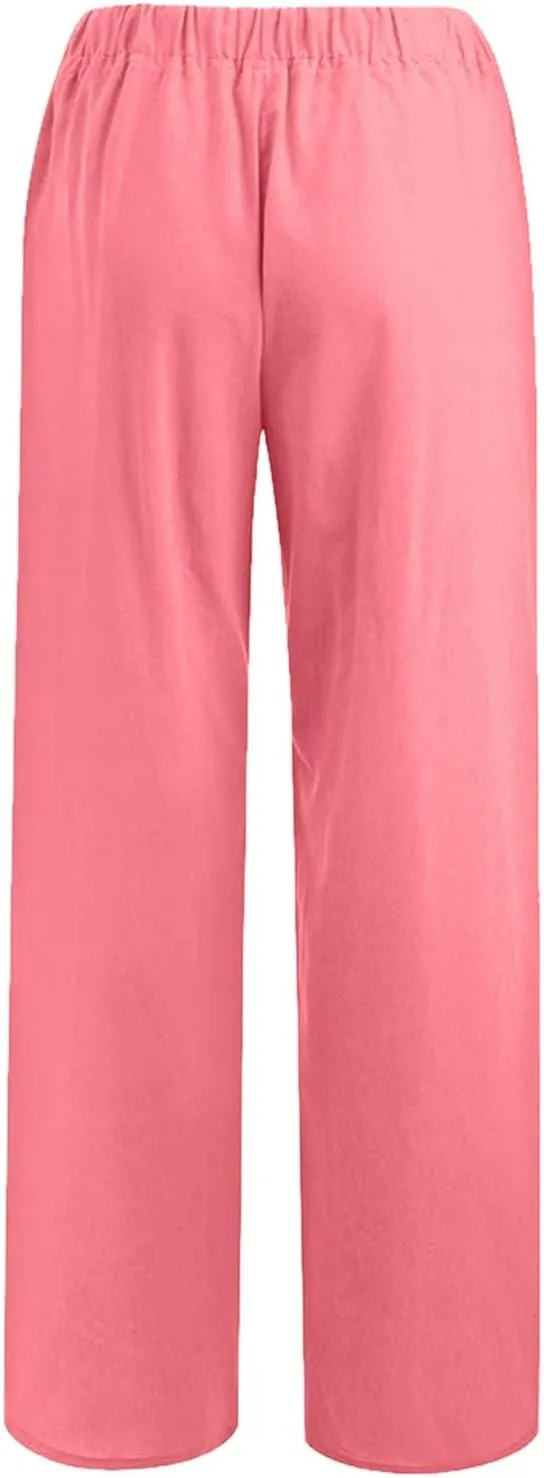 Cotton Linen Pants Women Straight Leg Summer Casual Loose Drawstring High Waist Palazzo Lounge Trouser with Pockets
