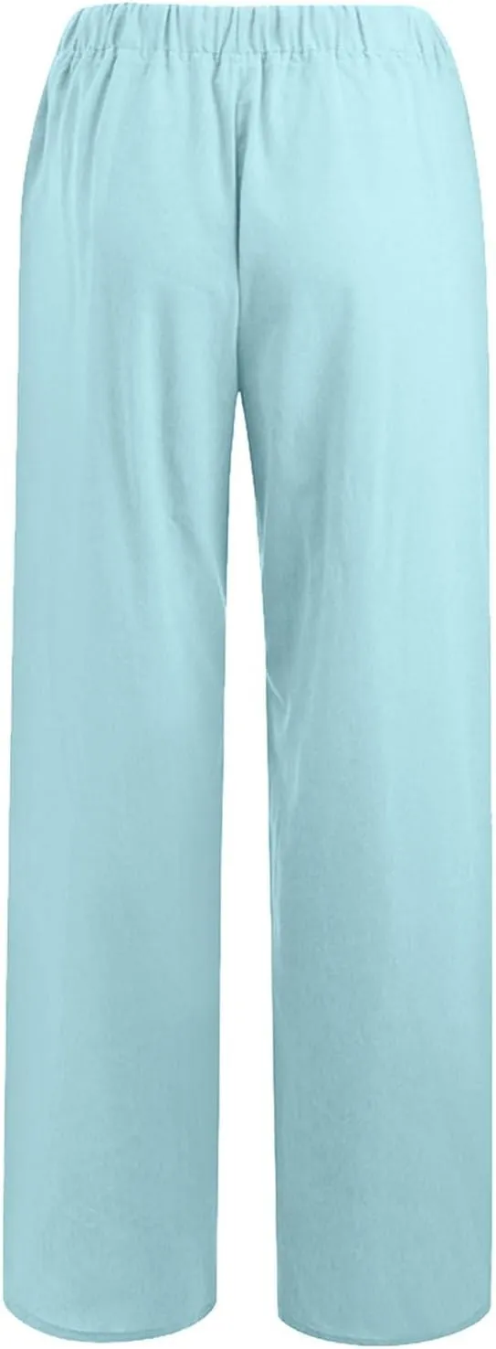 Cotton Linen Pants Women Straight Leg Summer Casual Loose Drawstring High Waist Palazzo Lounge Trouser with Pockets