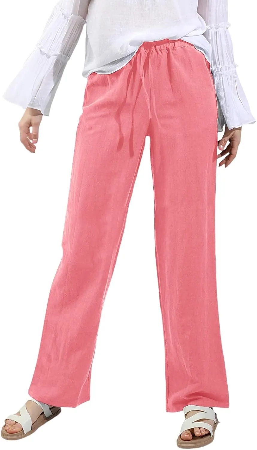Cotton Linen Pants Women Straight Leg Summer Casual Loose Drawstring High Waist Palazzo Lounge Trouser with Pockets