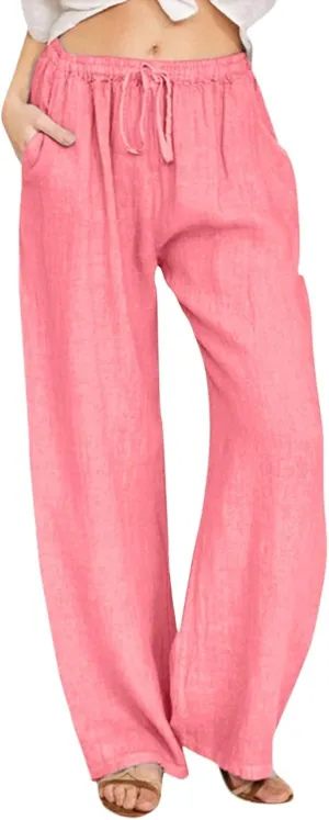 Cotton Linen Pants Women Straight Leg Summer Casual Loose Drawstring High Waist Palazzo Lounge Trouser with Pockets