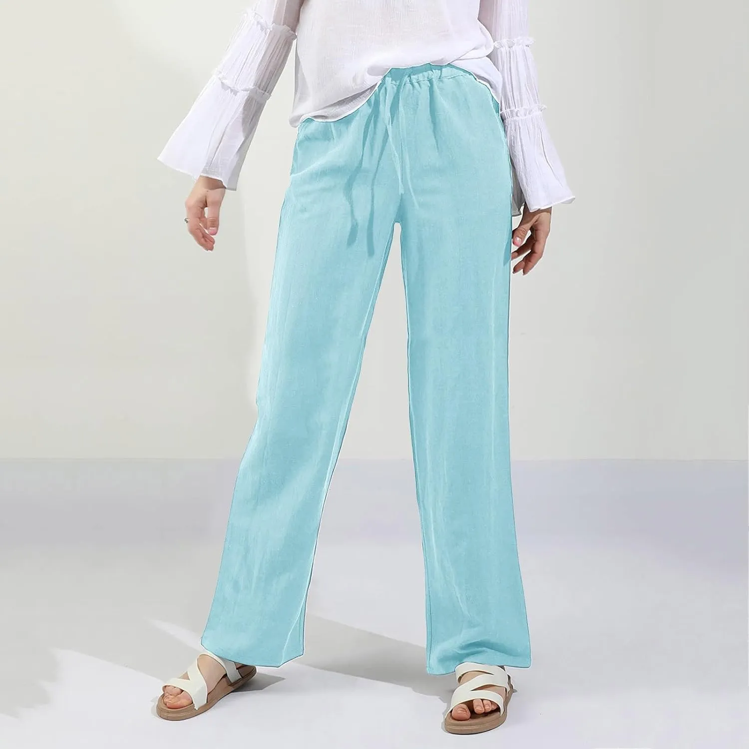 Cotton Linen Pants Women Straight Leg Summer Casual Loose Drawstring High Waist Palazzo Lounge Trouser with Pockets