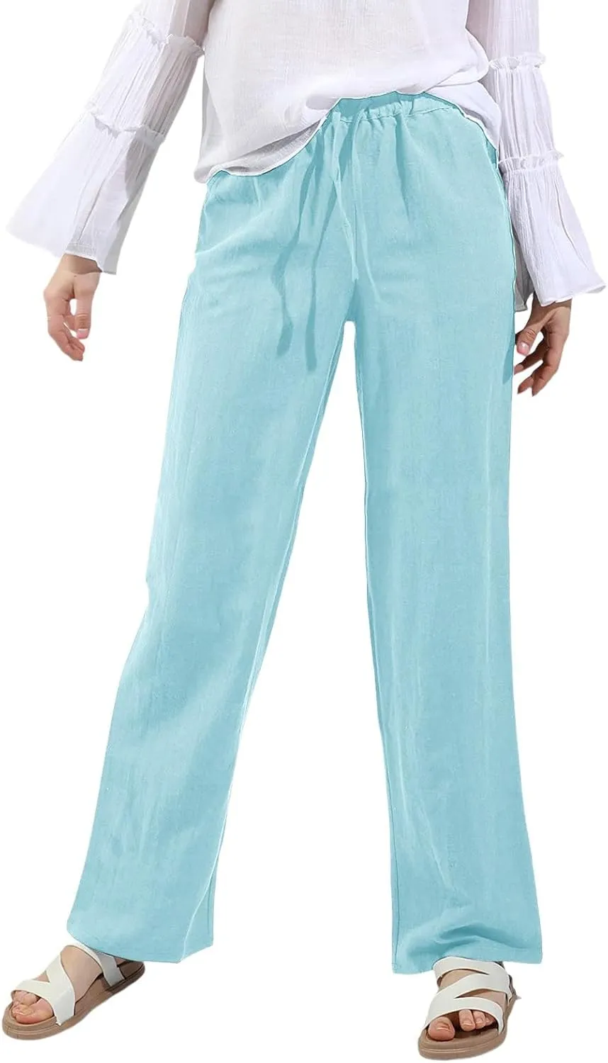 Cotton Linen Pants Women Straight Leg Summer Casual Loose Drawstring High Waist Palazzo Lounge Trouser with Pockets