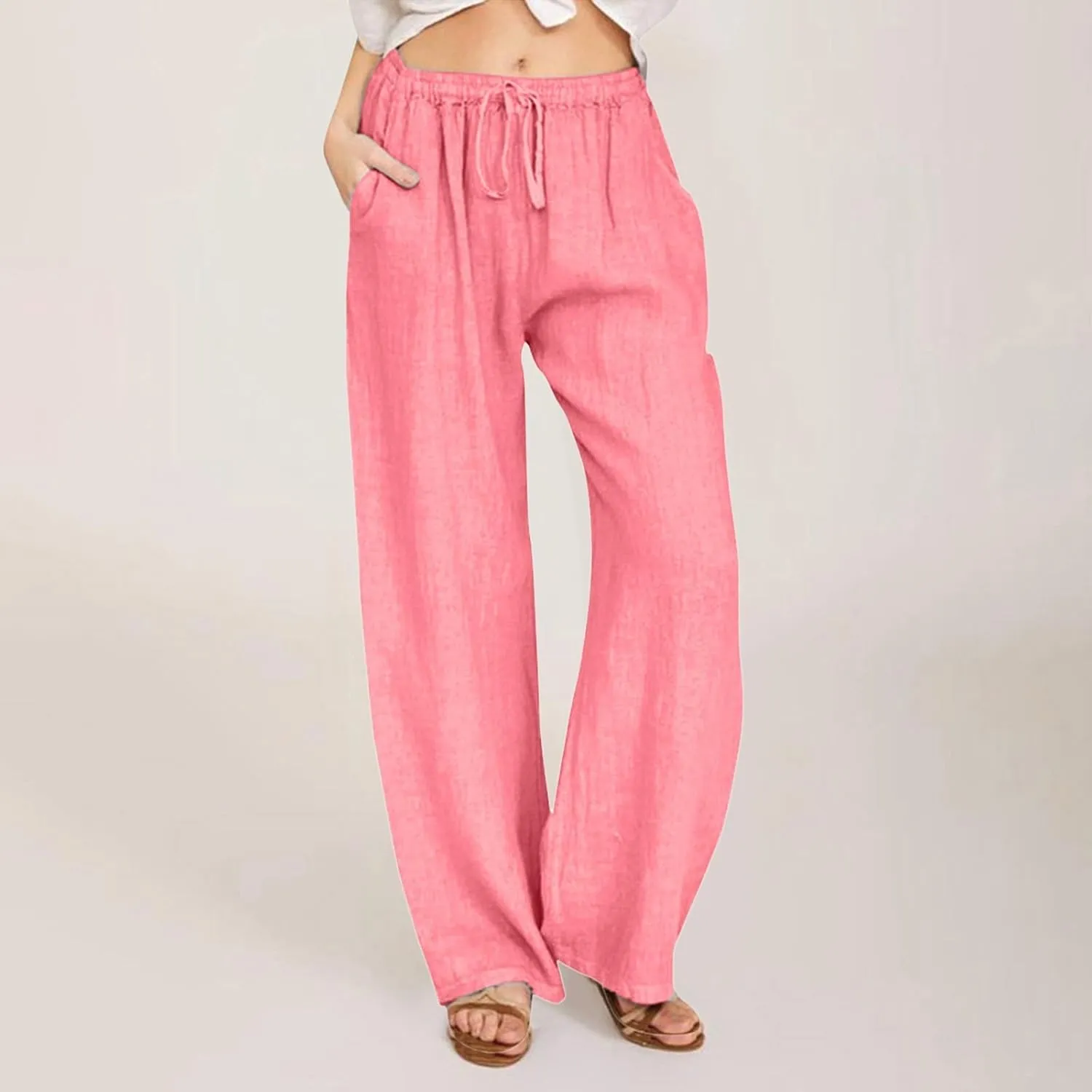 Cotton Linen Pants Women Straight Leg Summer Casual Loose Drawstring High Waist Palazzo Lounge Trouser with Pockets
