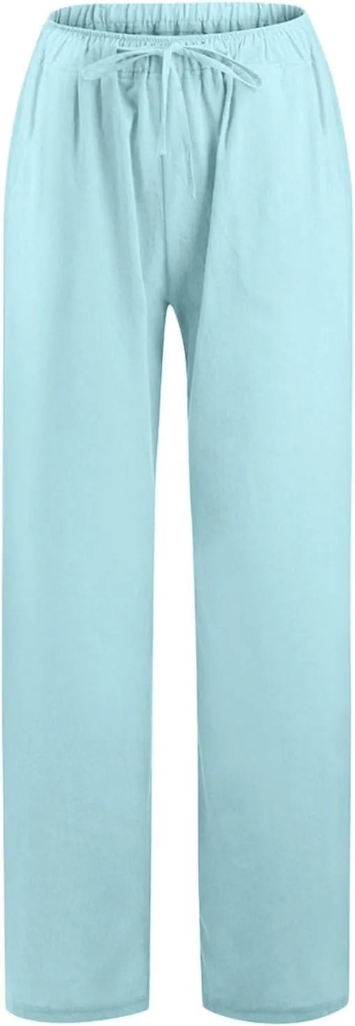 Cotton Linen Pants Women Straight Leg Summer Casual Loose Drawstring High Waist Palazzo Lounge Trouser with Pockets