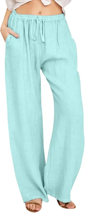 Cotton Linen Pants Women Straight Leg Summer Casual Loose Drawstring High Waist Palazzo Lounge Trouser with Pockets
