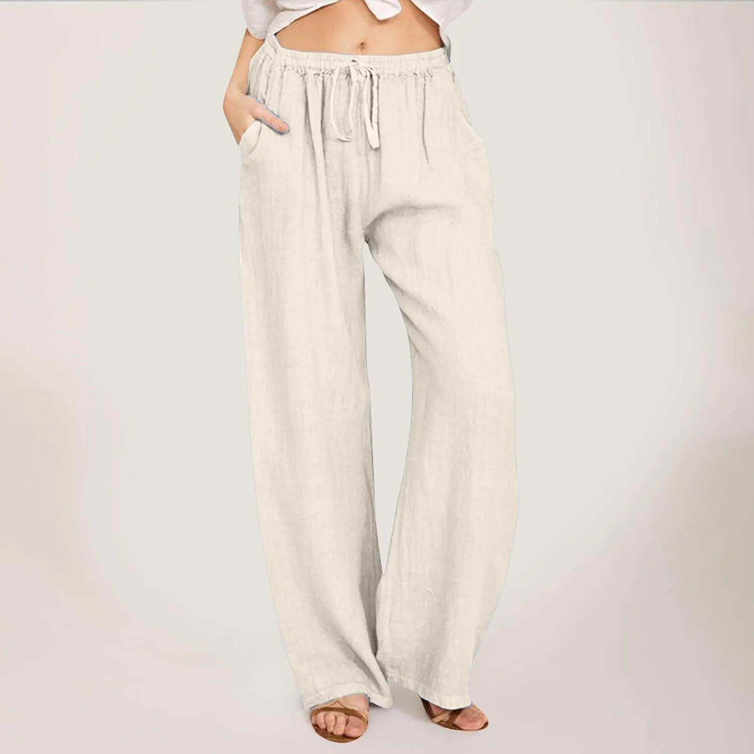 Cotton Linen Pants Women Summer Casual Boho Straight Leg Solid Color High Waisted Linen Pants Plus Size Trousers with Pockets