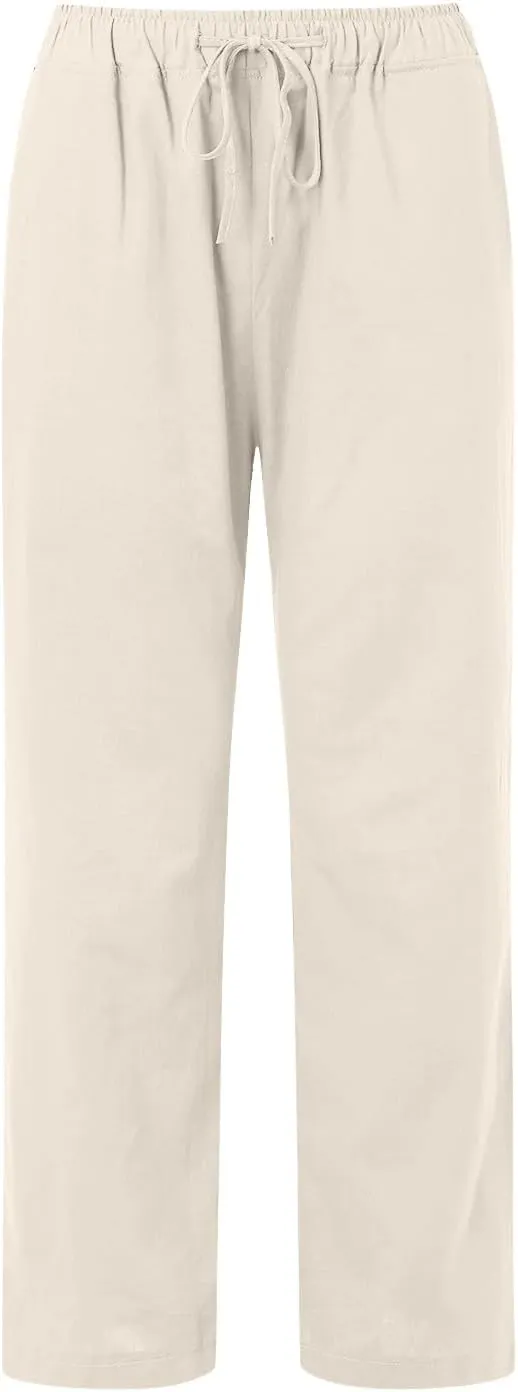 Cotton Linen Pants Women Summer Casual Boho Straight Leg Solid Color High Waisted Linen Pants Plus Size Trousers with Pockets