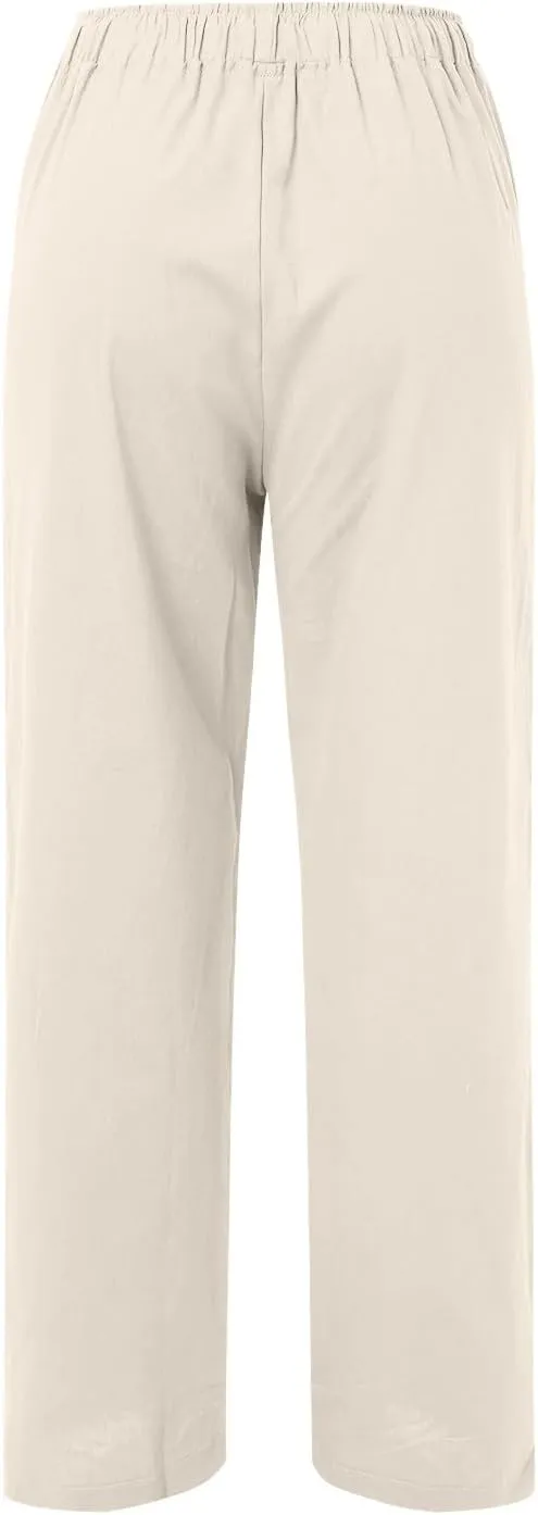 Cotton Linen Pants Women Summer Casual Boho Straight Leg Solid Color High Waisted Linen Pants Plus Size Trousers with Pockets