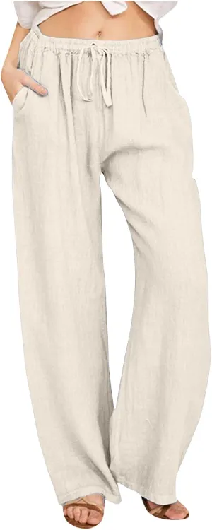 Cotton Linen Pants Women Summer Casual Boho Straight Leg Solid Color High Waisted Linen Pants Plus Size Trousers with Pockets