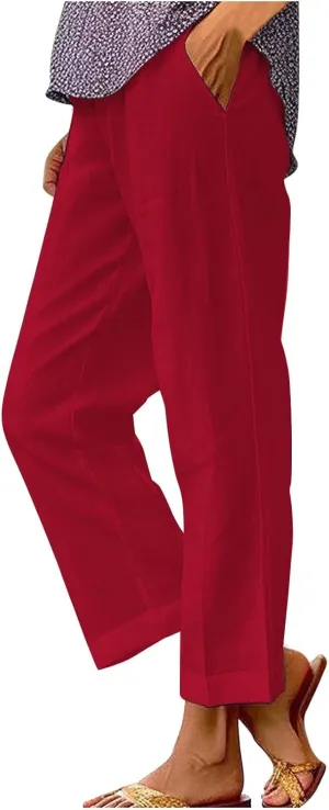 Cotton Linen Pants Women Summer Elastic Waist Palazzo Pants Plus Size Straight Leg Slack Casual Trouser with Pockets
