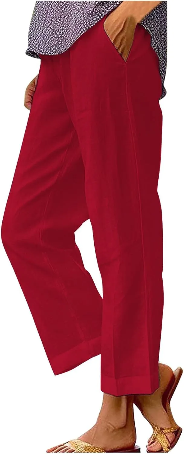 Cotton Linen Pants Women Summer Elastic Waist Palazzo Pants Plus Size Straight Leg Slack Casual Trouser with Pockets