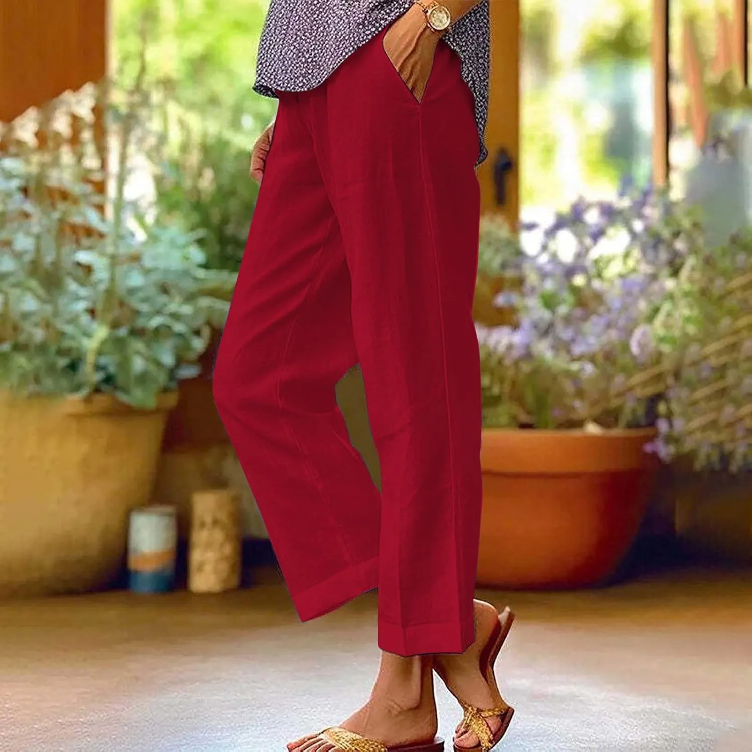 Cotton Linen Pants Women Summer Elastic Waist Palazzo Pants Plus Size Straight Leg Slack Casual Trouser with Pockets