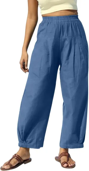 Cotton Linen Pants Women Wide Leg Stretch High Waisted Pleated Loose Casual Summer Trousers with Pockets