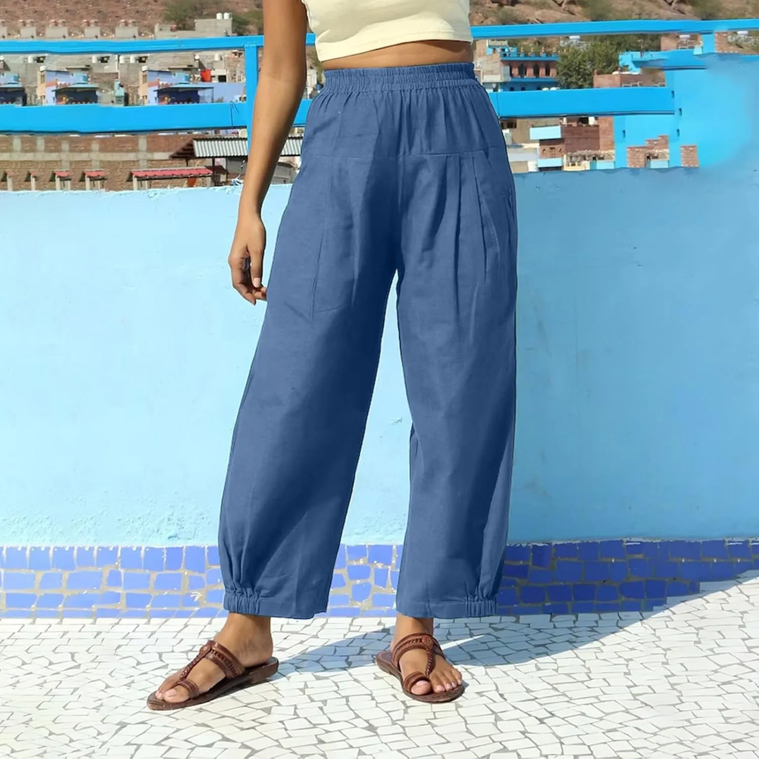 Cotton Linen Pants Women Wide Leg Stretch High Waisted Pleated Loose Casual Summer Trousers with Pockets