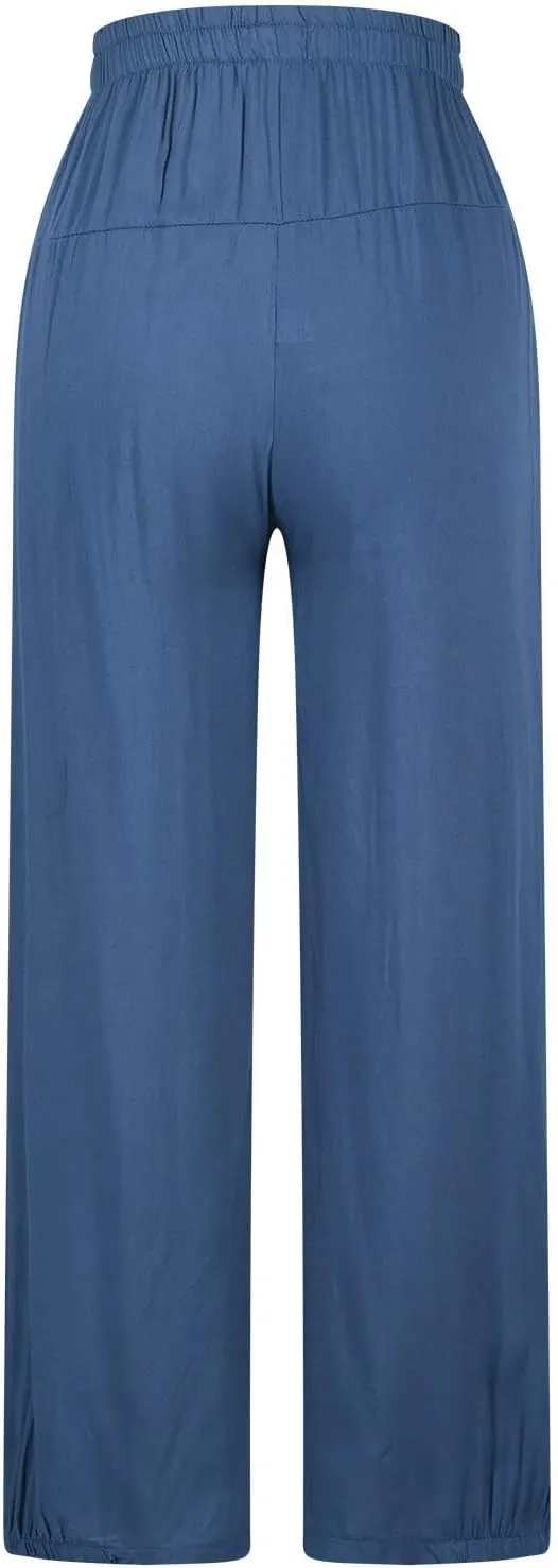 Cotton Linen Pants Women Wide Leg Stretch High Waisted Pleated Loose Casual Summer Trousers with Pockets