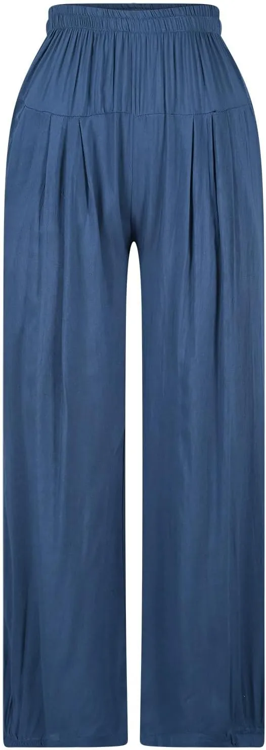Cotton Linen Pants Women Wide Leg Stretch High Waisted Pleated Loose Casual Summer Trousers with Pockets