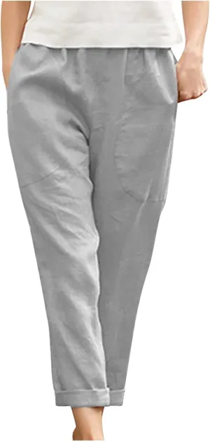 Cotton Linen Trouser for Women Casual Elastic Waist Pants Summer Loose Fit Beach Vacation with Big Pockets