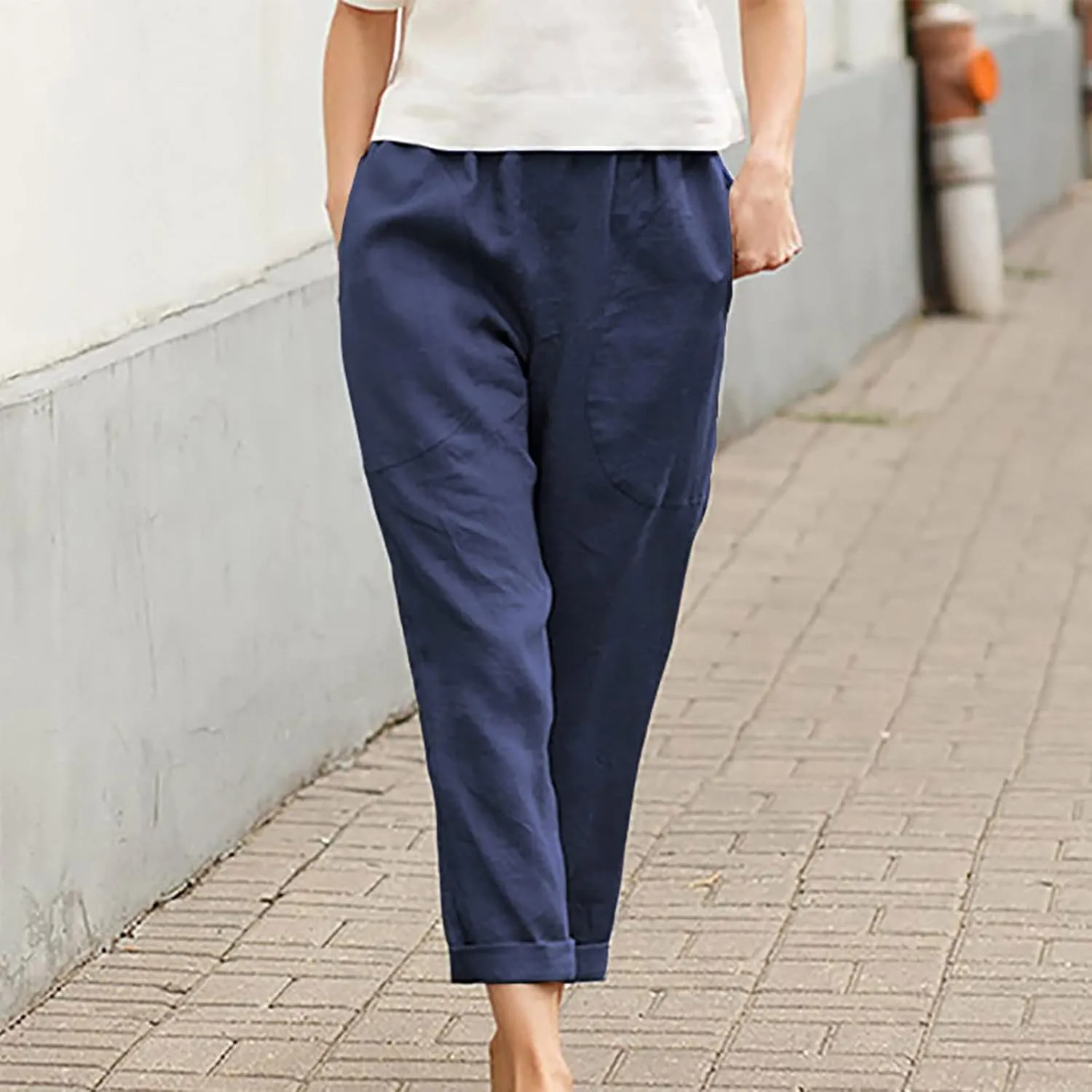 Cotton Linen Trouser for Women Casual Elastic Waist Pants Summer Loose Fit Beach Vacation with Big Pockets