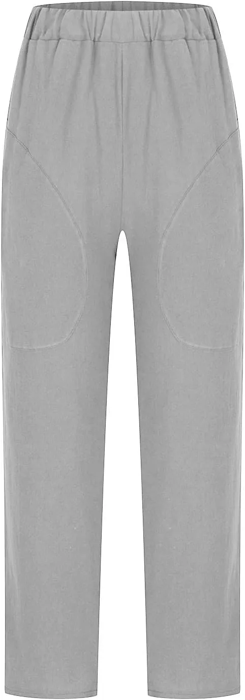 Cotton Linen Trouser for Women Casual Elastic Waist Pants Summer Loose Fit Beach Vacation with Big Pockets