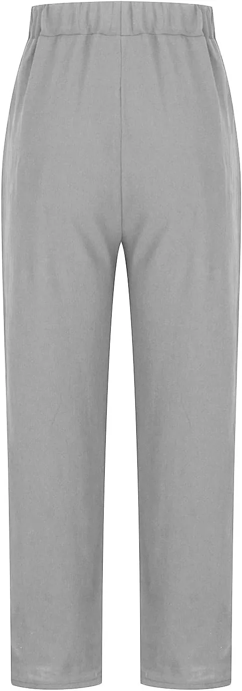 Cotton Linen Trouser for Women Casual Elastic Waist Pants Summer Loose Fit Beach Vacation with Big Pockets
