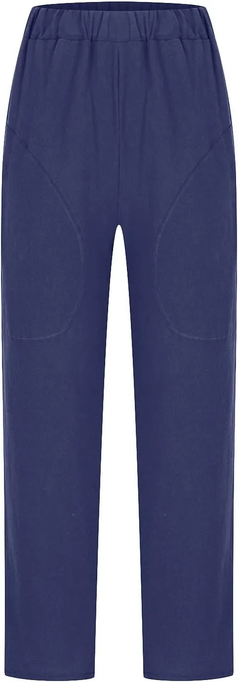 Cotton Linen Trouser for Women Casual Elastic Waist Pants Summer Loose Fit Beach Vacation with Big Pockets