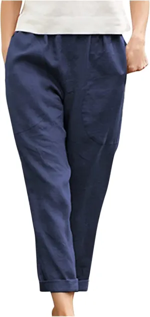 Cotton Linen Trouser for Women Casual Elastic Waist Pants Summer Loose Fit Beach Vacation with Big Pockets