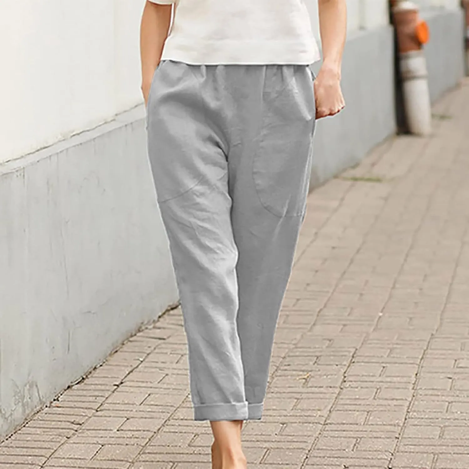Cotton Linen Trouser for Women Casual Elastic Waist Pants Summer Loose Fit Beach Vacation with Big Pockets